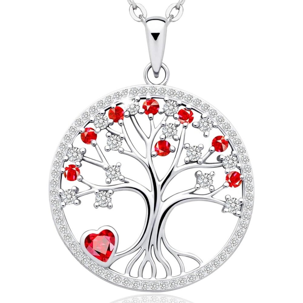 Women's Red Sterling Pendant Charm Adjustable Chain Birthstone Tree Necklace
